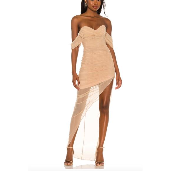 Nookie x Revolve Dita Mesh Ruched Gown XS Strapless Off Shoulder Sheer Bodycon